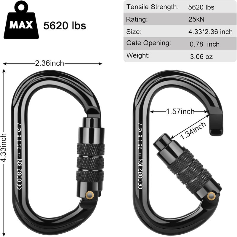 FVW CE Certified Auto Locking Climbing Carabiners, Professional 25KN (5620 lbs) Heavy Duty Caribeaners for Rappelling Swing Rescue & Gym etc, Large D-Shaped Carabiners - Image 3